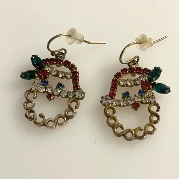 Holiday Christmas Vintage Santa Clause Stocking Gem Rhinestone Earrings - Picture 8 of 16